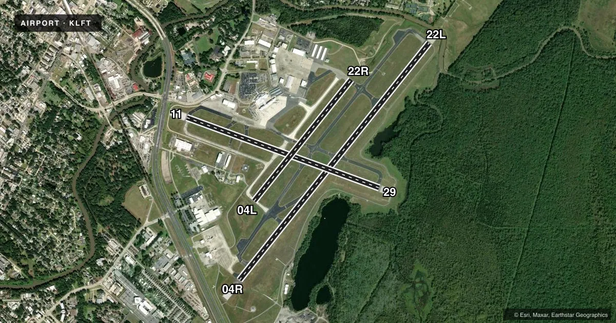 Top-down satellite sketch of KLFT LAFAYETTE RGNL/PAUL FOURNET FLD in LAFAYETTE, LOUISIANA, showing runways 04R/22L, 11/29, 04L/22R drawn to scale over Esri World Imagery
