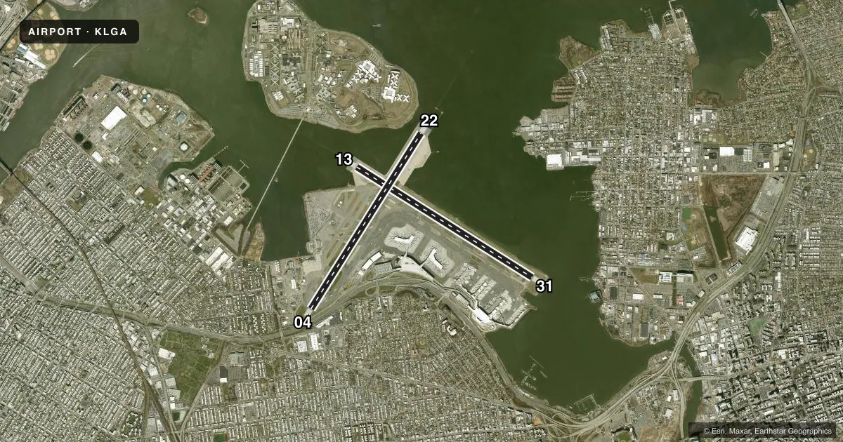 Top-down satellite sketch of KLGA LAGUARDIA in NEW YORK, NEW YORK, showing runways 13/31, 04/22 drawn to scale over Esri World Imagery