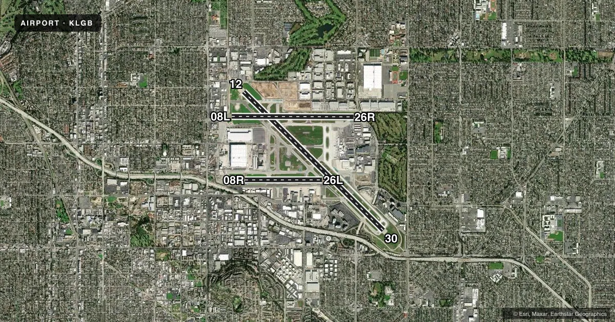 Top-down satellite sketch of KLGB LONG BEACH (DAUGHERTY FLD) in LONG BEACH, CALIFORNIA, showing runways 12/30, 08L/26R, 08R/26L drawn to scale over Esri World Imagery