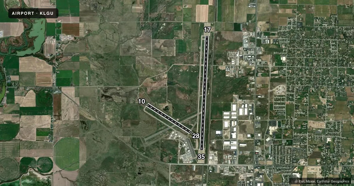 Top-down satellite sketch of KLGU LOGAN-CACHE in LOGAN, UTAH, showing runways 17/35, 10/28 drawn to scale over Esri World Imagery