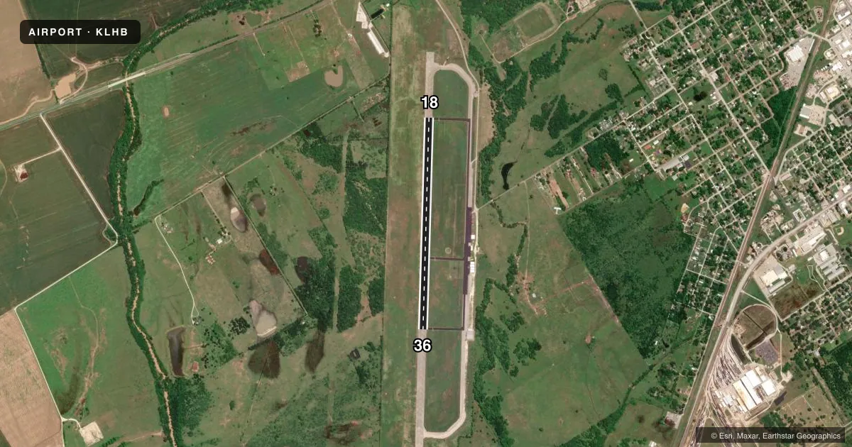 Top-down satellite sketch of KLHB HEARNE MUNI in HEARNE, TEXAS, showing runways 18/36 drawn to scale over Esri World Imagery
