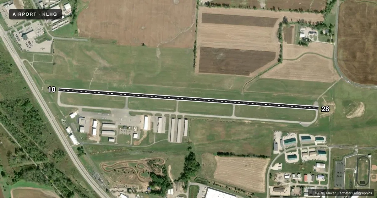 Top-down satellite sketch of KLHQ FAIRFIELD COUNTY in LANCASTER, OHIO, showing runways 10/28 drawn to scale over Esri World Imagery