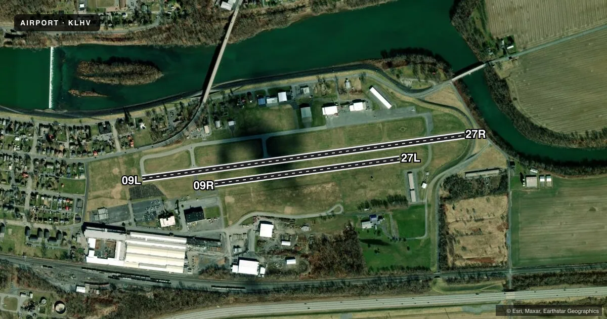 Top-down satellite sketch of KLHV WILLIAM T PIPER MEML in LOCK HAVEN, PENNSYLVANIA, showing runways 09L/27R, 09R/27L drawn to scale over Esri World Imagery