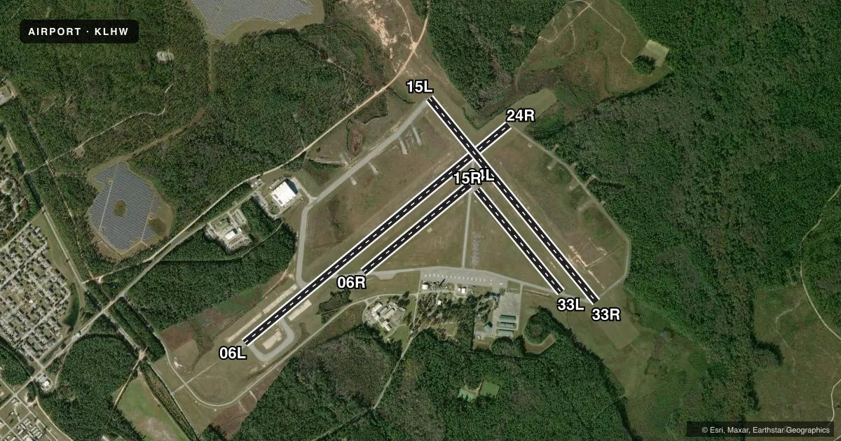 Top-down satellite sketch of KLHW WRIGHT AAF (FORT STEWART)/MIDCOAST RGNL in FORT STEWART (HINESVILLE), GEORGIA, showing runways 06L/24R, 15L/33R, 06R/24L, 15R/33L drawn to scale over Esri World Imagery