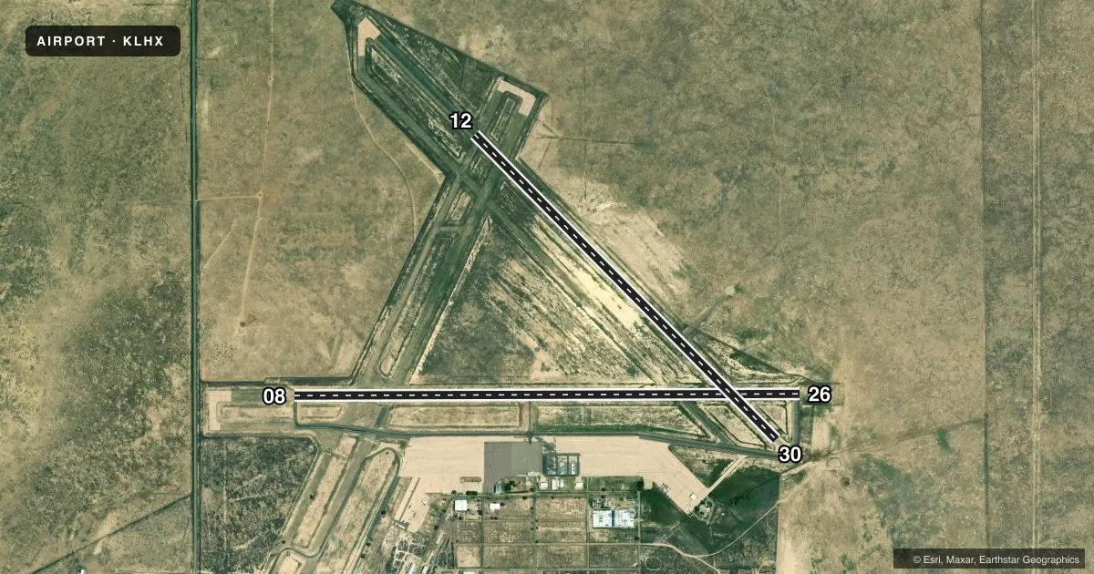 Top-down satellite sketch of KLHX LA JUNTA MUNI in LA JUNTA, COLORADO, showing runways 08/26, 12/30 drawn to scale over Esri World Imagery