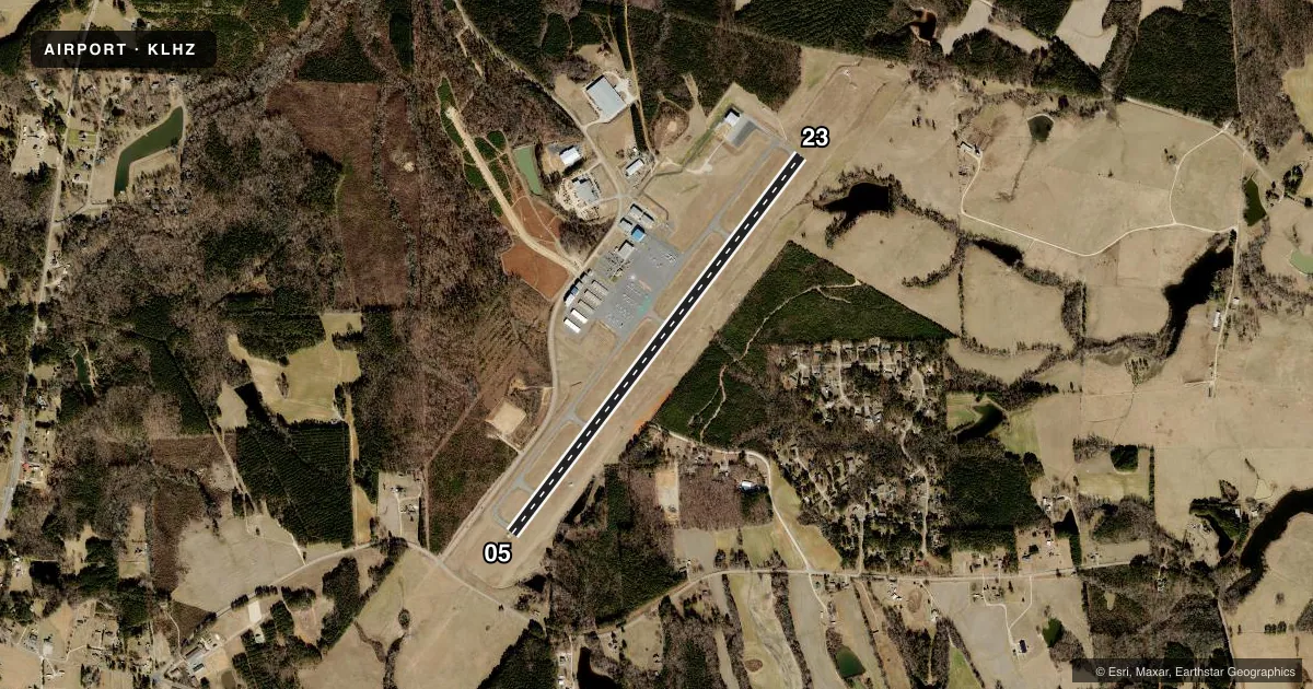 Top-down satellite sketch of KLHZ TRIANGLE NORTH EXEC in LOUISBURG, NORTH CAROLINA, showing runways 05/23 drawn to scale over Esri World Imagery