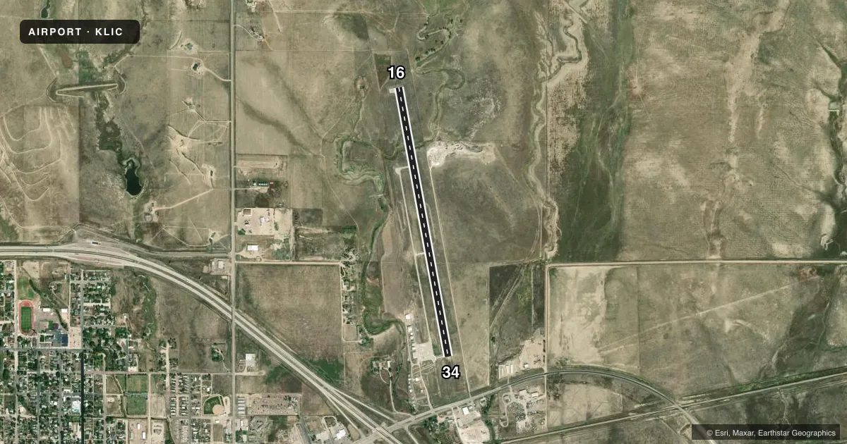 Top-down satellite sketch of KLIC LIMON MUNI in LIMON, COLORADO, showing runways 16/34 drawn to scale over Esri World Imagery