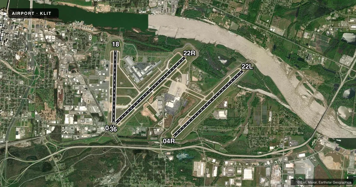 Top-down satellite sketch of KLIT BILL AND HILLARY CLINTON NTL/ADAMS FLD in LITTLE ROCK, ARKANSAS, showing runways 04L/22R, 04R/22L, 18/36 drawn to scale over Esri World Imagery