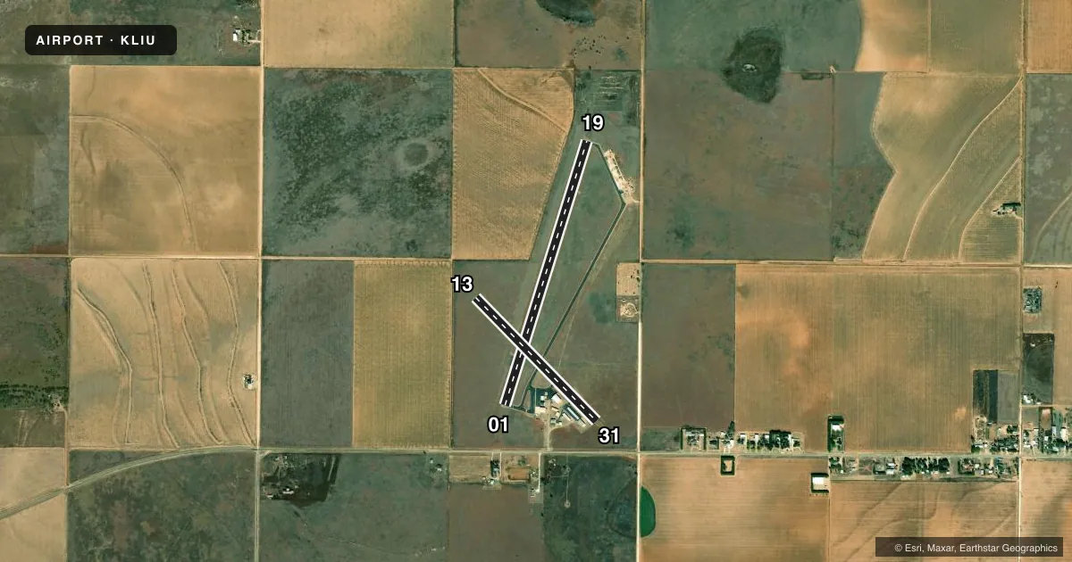 Top-down satellite sketch of KLIU LITTLEFIELD TAYLOR BROWN MUNI in LITTLEFIELD, TEXAS, showing runways 01/19, 13/31 drawn to scale over Esri World Imagery