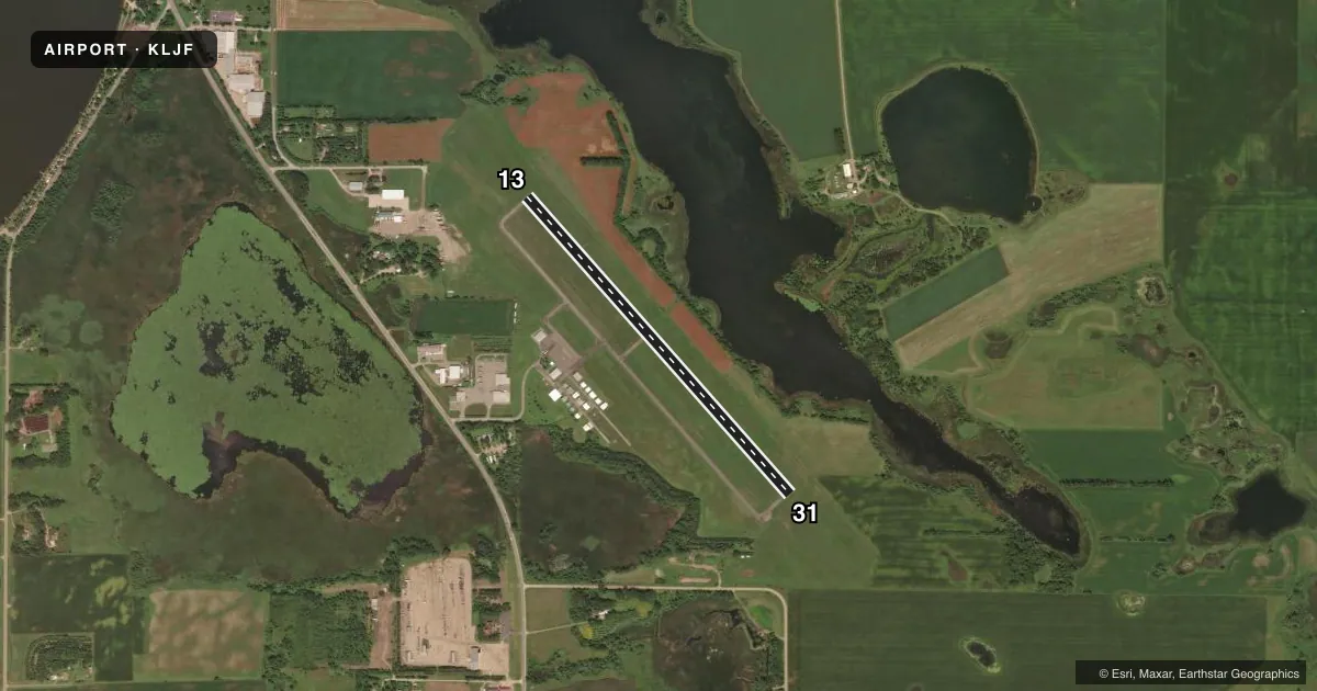 Top-down satellite sketch of KLJF LITCHFIELD MUNI in LITCHFIELD, MINNESOTA, showing runways 13/31 drawn to scale over Esri World Imagery