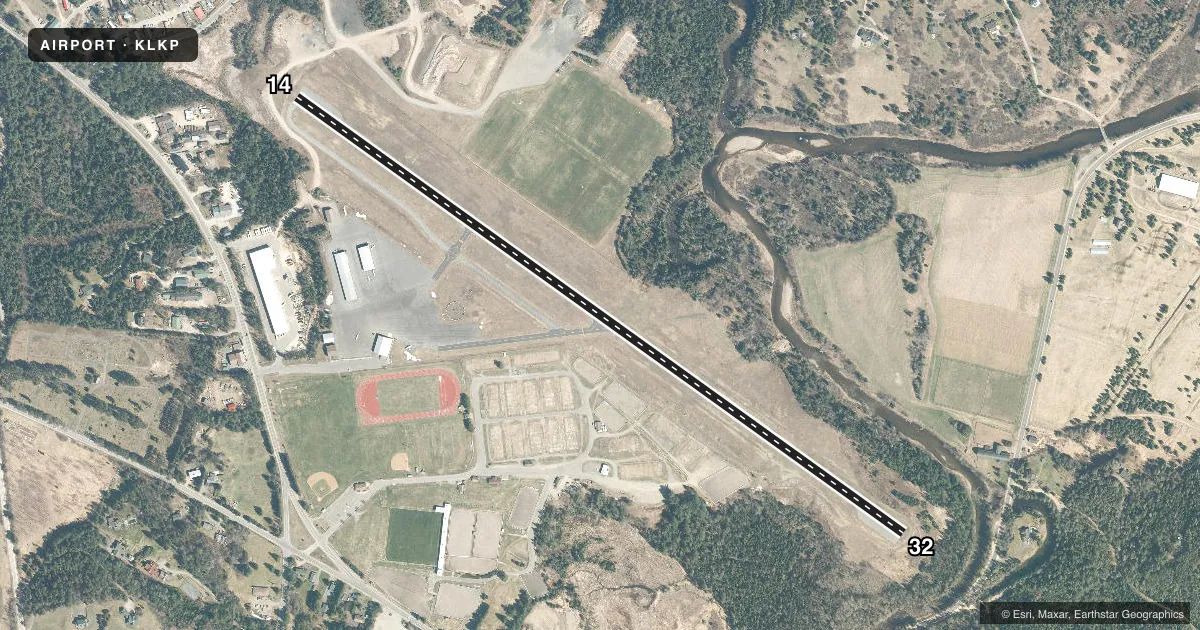 Top-down satellite sketch of KLKP LAKE PLACID in LAKE PLACID, NEW YORK, showing runways 14/32 drawn to scale over Esri World Imagery