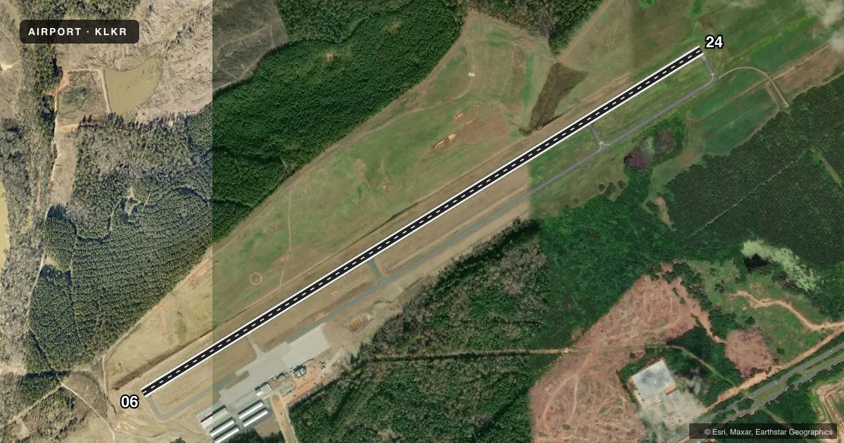 Top-down satellite sketch of KLKR LANCASTER COUNTY-MC WHIRTER FLD in LANCASTER, SOUTH CAROLINA, showing runways 06/24 drawn to scale over Esri World Imagery