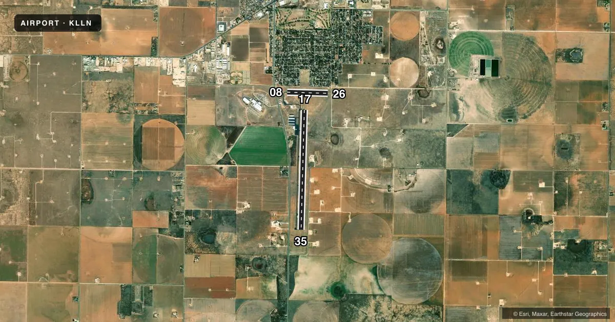 Top-down satellite sketch of KLLN LEVELLAND MUNI in LEVELLAND, TEXAS, showing runways 17/35, 08/26 drawn to scale over Esri World Imagery