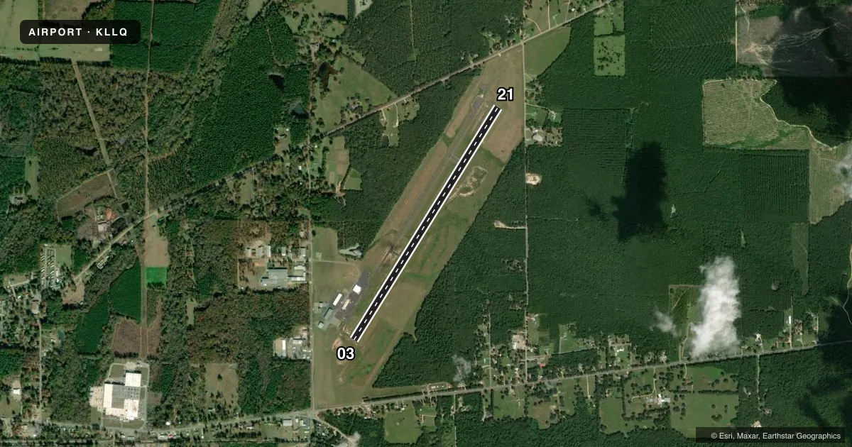 Top-down satellite sketch of KLLQ MONTICELLO MUNI/ELLIS FLD in MONTICELLO, ARKANSAS, showing runways 03/21 drawn to scale over Esri World Imagery