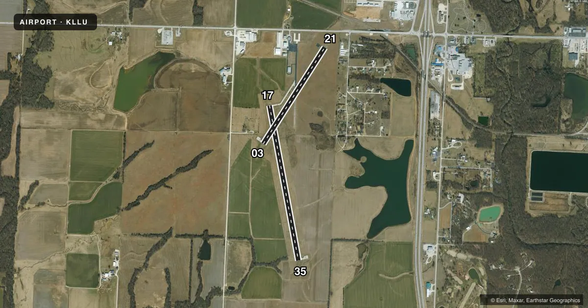 Top-down satellite sketch of KLLU LAMAR MUNI in LAMAR, MISSOURI, showing runways 17/35, 03/21 drawn to scale over Esri World Imagery
