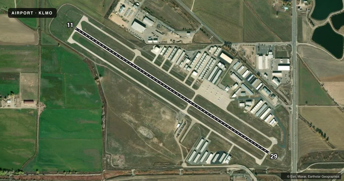 Top-down satellite sketch of KLMO VANCE BRAND in LONGMONT, COLORADO, showing runways 11/29 drawn to scale over Esri World Imagery
