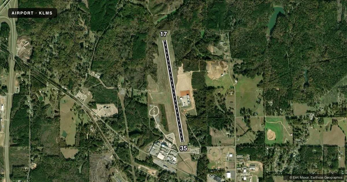 Top-down satellite sketch of KLMS LOUISVILLE/WINSTON COUNTY in LOUISVILLE, MISSISSIPPI, showing runways 17/35 drawn to scale over Esri World Imagery