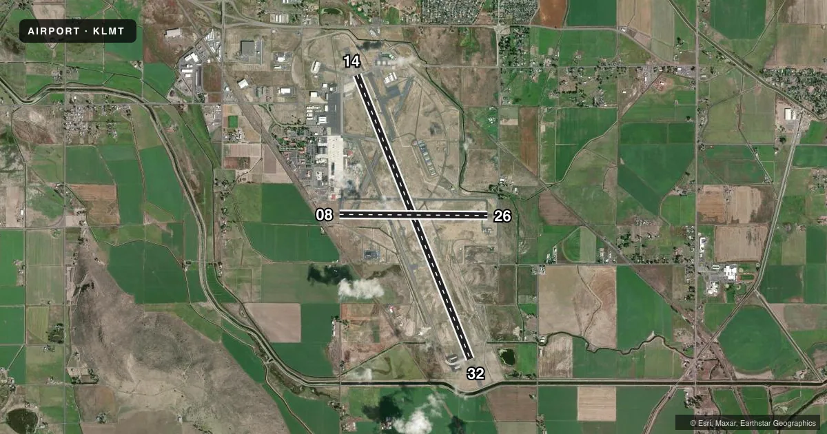 Top-down satellite sketch of KLMT CRATER LAKE/KLAMATH RGNL in KLAMATH FALLS, OREGON, showing runways 14/32, 08/26 drawn to scale over Esri World Imagery