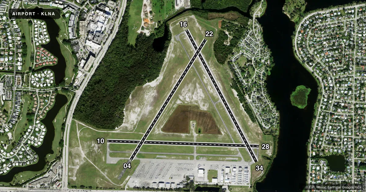 Top-down satellite sketch of KLNA PALM BEACH COUNTY PARK in WEST PALM BEACH, FLORIDA, showing runways 10/28, 16/34, 04/22 drawn to scale over Esri World Imagery