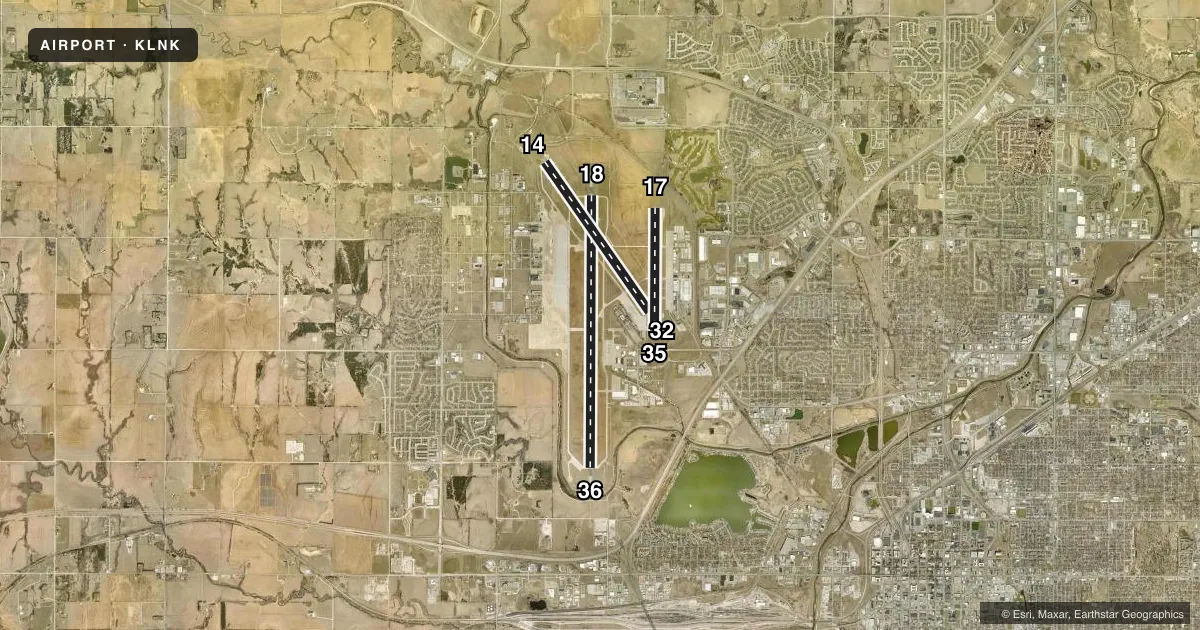 Top-down satellite sketch of KLNK LINCOLN in LINCOLN, NEBRASKA, showing runways 18/36, 14/32, 17/35 drawn to scale over Esri World Imagery