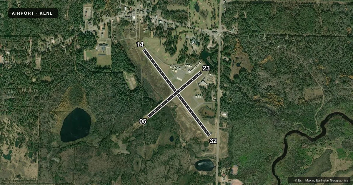 Top-down satellite sketch of KLNL KINGS LAND O' LAKES in LAND O' LAKES, WISCONSIN, showing runways 14/32, 05/23 drawn to scale over Esri World Imagery