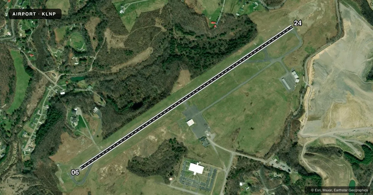 Top-down satellite sketch of KLNP LONESOME PINE in WISE, VIRGINIA, showing runways 06/24 drawn to scale over Esri World Imagery