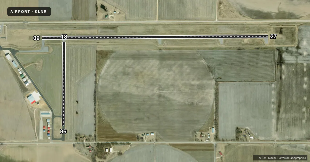 Top-down satellite sketch of KLNR TRI-COUNTY RGNL in LONE ROCK, WISCONSIN, showing runways 09/27, 18/36 drawn to scale over Esri World Imagery