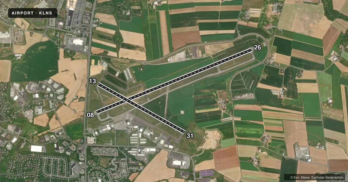 Top-down satellite sketch of KLNS LANCASTER in LANCASTER, PENNSYLVANIA, showing runways 08/26, 13/31 drawn to scale over Esri World Imagery