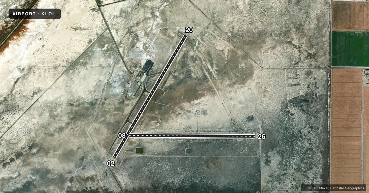 Top-down satellite sketch of KLOL DERBY FLD in LOVELOCK, NEVADA, showing runways 02/20, 08/26 drawn to scale over Esri World Imagery