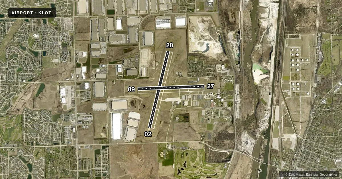 Top-down satellite sketch of KLOT LEWIS UNIVERSITY in CHICAGO/ROMEOVILLE, ILLINOIS, showing runways 02/20, 09/27 drawn to scale over Esri World Imagery