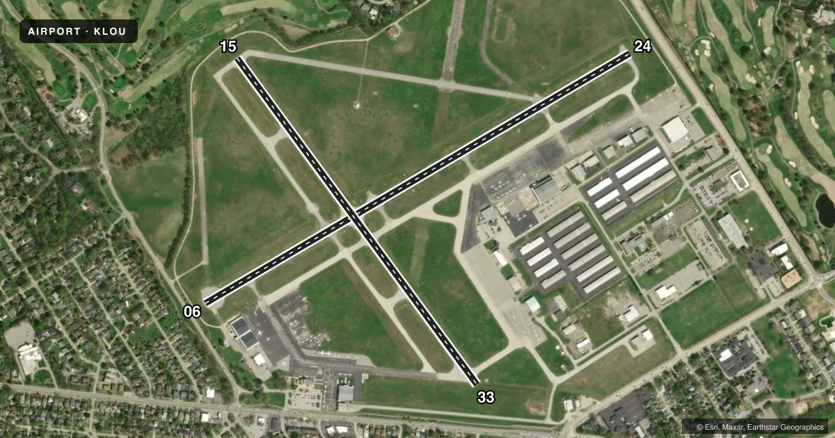 Top-down satellite sketch of KLOU BOWMAN FLD in LOUISVILLE, KENTUCKY, showing runways 06/24, 15/33 drawn to scale over Esri World Imagery