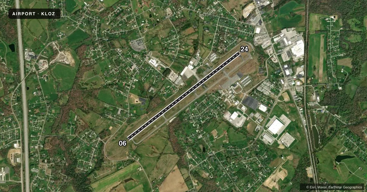 Top-down satellite sketch of KLOZ LONDON/CORBIN/MAGEE in LONDON, KENTUCKY, showing runways 06/24 drawn to scale over Esri World Imagery
