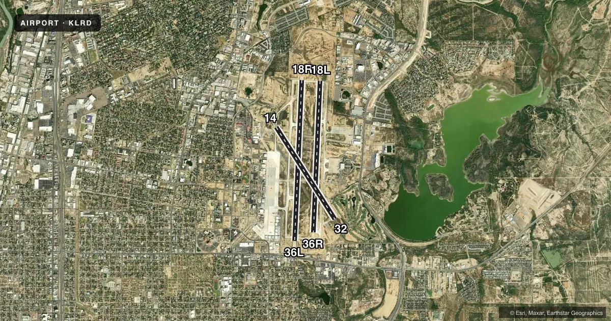 Top-down satellite sketch of KLRD LAREDO INTL in LAREDO, TEXAS, showing runways 18R/36L, 18L/36R, 14/32 drawn to scale over Esri World Imagery