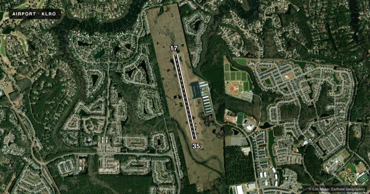 Top-down satellite sketch of KLRO MT PLEASANT RGNL-FAISON FLD in MOUNT PLEASANT, SOUTH CAROLINA, showing runways 17/35 drawn to scale over Esri World Imagery