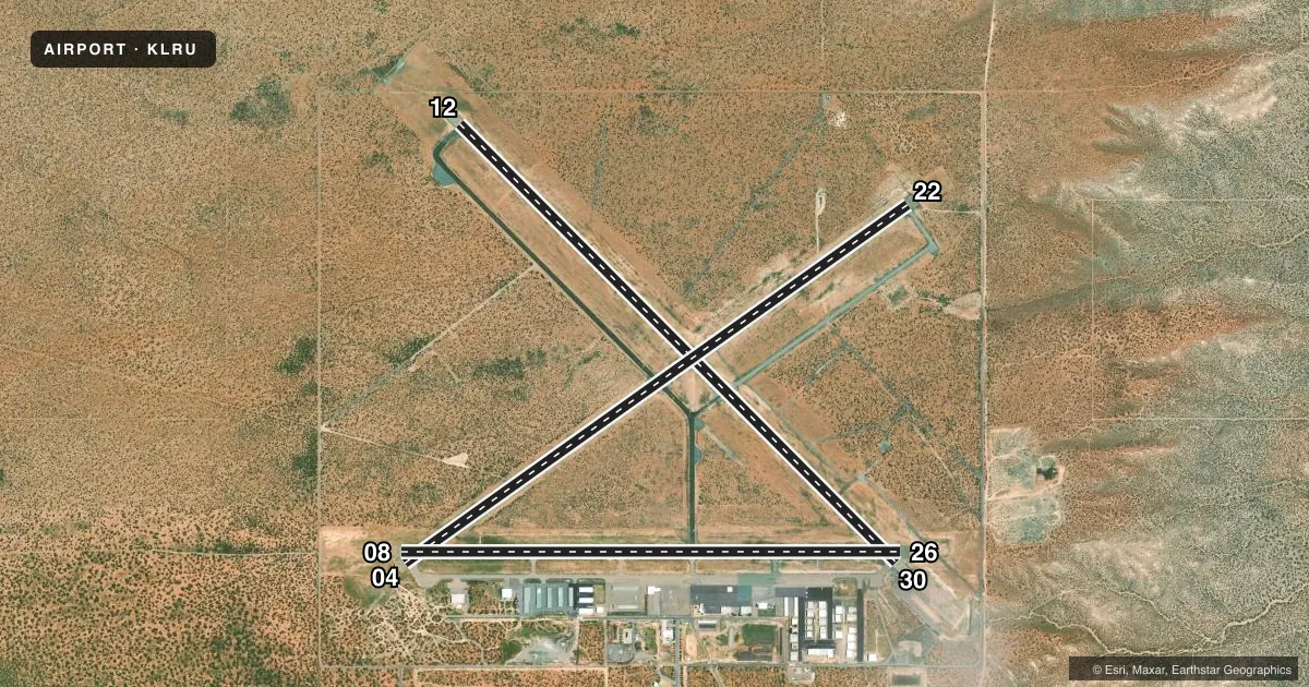 Top-down satellite sketch of KLRU LAS CRUCES INTL in LAS CRUCES, NEW MEXICO, showing runways 12/30, 04/22, 08/26 drawn to scale over Esri World Imagery