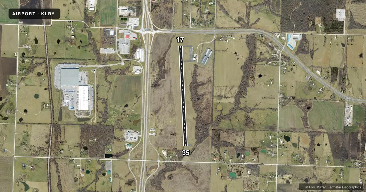 Top-down satellite sketch of KLRY LAWRENCE SMITH MEML in HARRISONVILLE, MISSOURI, showing runways 17/35 drawn to scale over Esri World Imagery