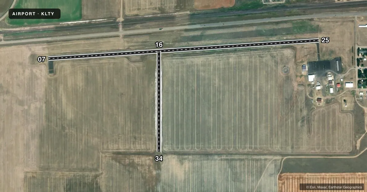 Top-down satellite sketch of KLTY LIBERTY COUNTY in CHESTER, MONTANA, showing runways 07/25, 16/34 drawn to scale over Esri World Imagery