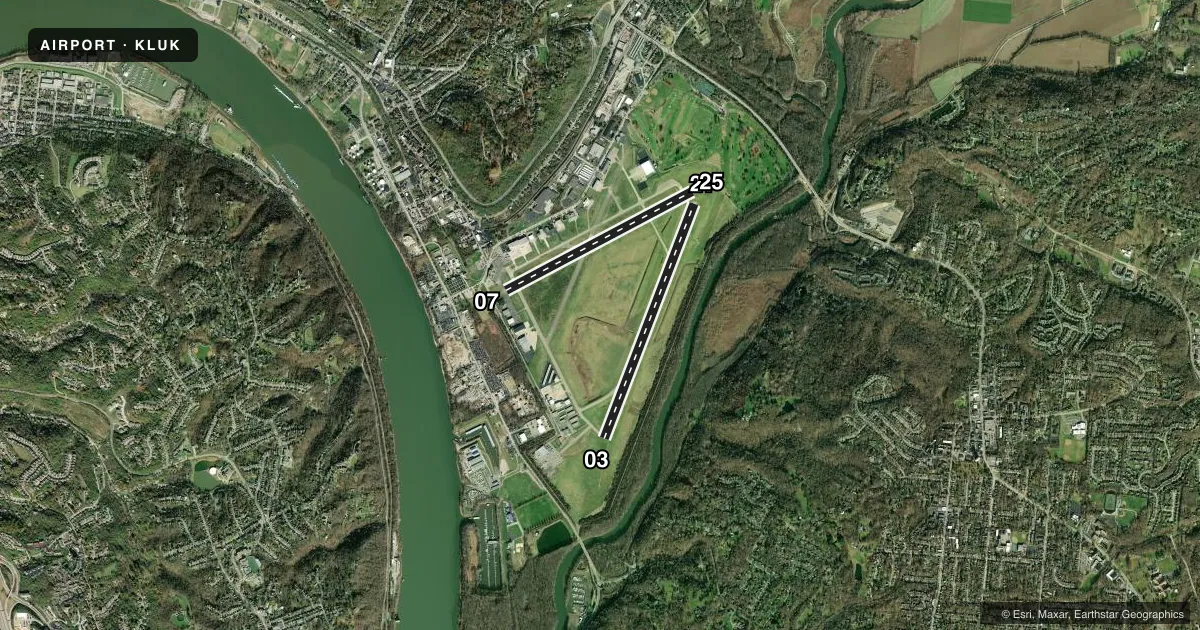 Top-down satellite sketch of KLUK CINCINNATI MUNI/LUNKEN FLD in CINCINNATI, OHIO, showing runways 03/21, 07/25 drawn to scale over Esri World Imagery