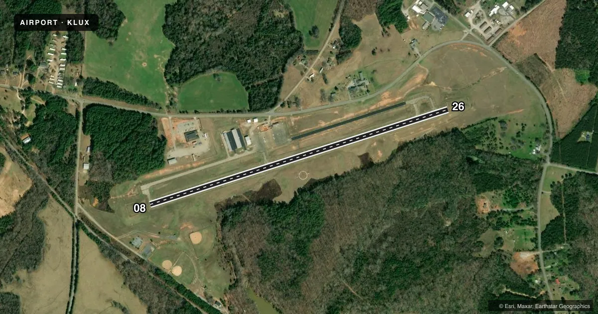 Top-down satellite sketch of KLUX LAURENS COUNTY in LAURENS, SOUTH CAROLINA, showing runways 08/26 drawn to scale over Esri World Imagery