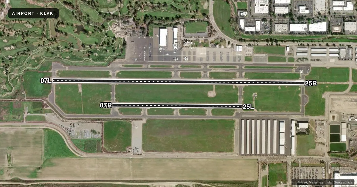 Top-down satellite sketch of KLVK LIVERMORE MUNI in LIVERMORE, CALIFORNIA, showing runways 07L/25R, 07R/25L drawn to scale over Esri World Imagery