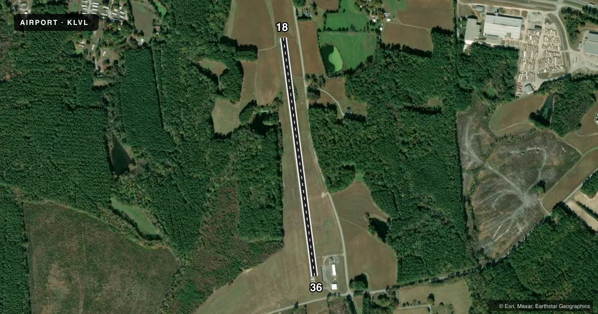 Top-down satellite sketch of KLVL BRUNSWICK COUNTY in LAWRENCEVILLE, VIRGINIA, showing runways 18/36 drawn to scale over Esri World Imagery