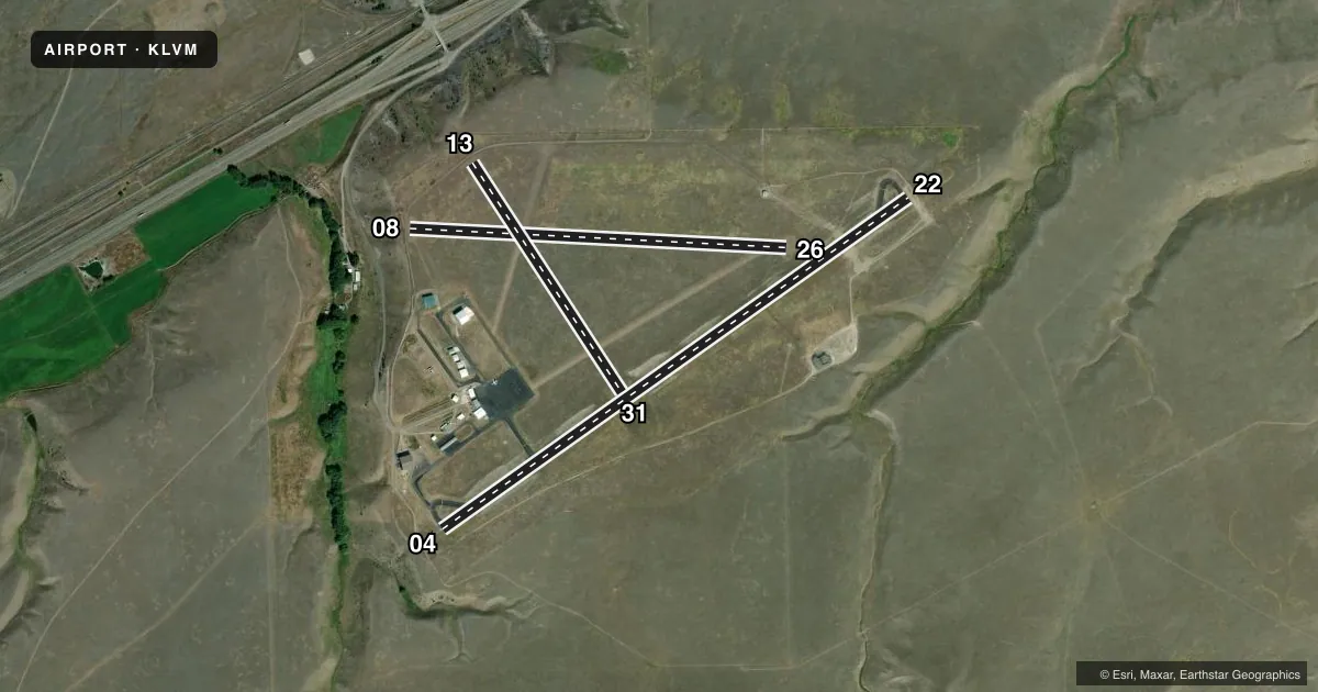 Top-down satellite sketch of KLVM MISSION FLD in LIVINGSTON, MONTANA, showing runways 04/22, 08/26, 13/31 drawn to scale over Esri World Imagery