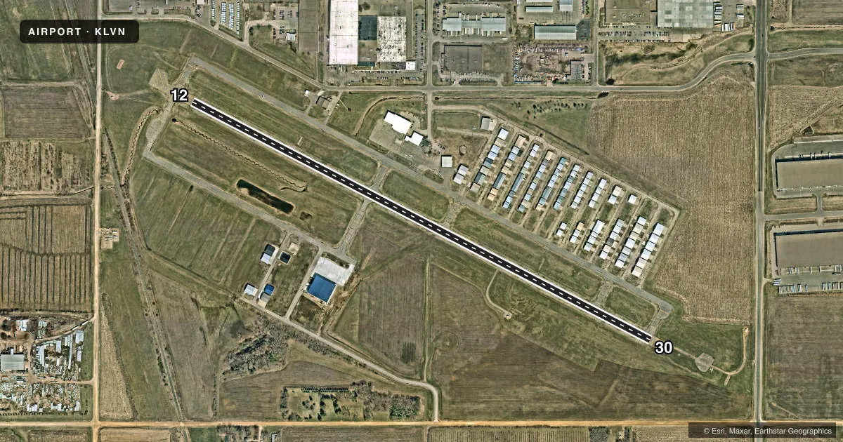 Top-down satellite sketch of KLVN AIRLAKE in MINNEAPOLIS, MINNESOTA, showing runways 12/30 drawn to scale over Esri World Imagery