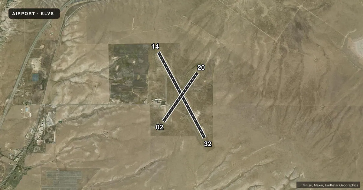 Top-down satellite sketch of KLVS LAS VEGAS MUNI in LAS VEGAS, NEW MEXICO, showing runways 14/32, 02/20 drawn to scale over Esri World Imagery