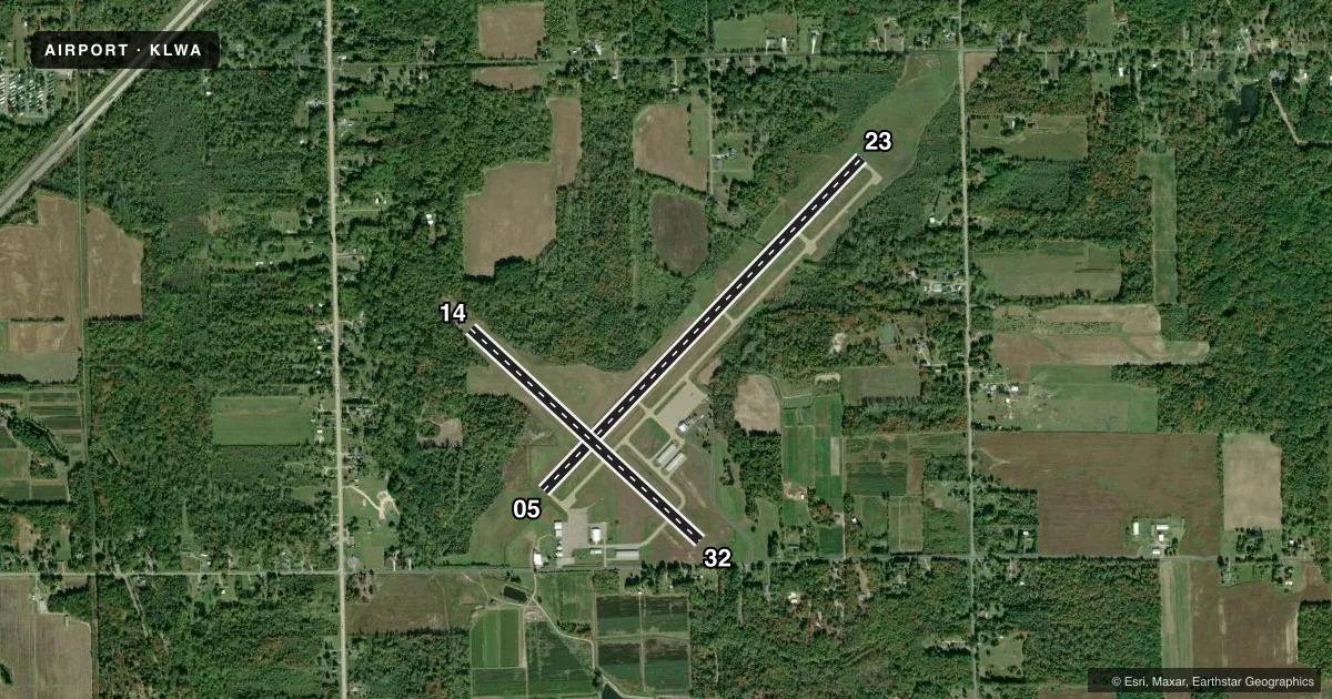Top-down satellite sketch of KLWA SOUTH HAVEN AREA RGNL in SOUTH HAVEN, MICHIGAN, showing runways 05/23, 14/32 drawn to scale over Esri World Imagery