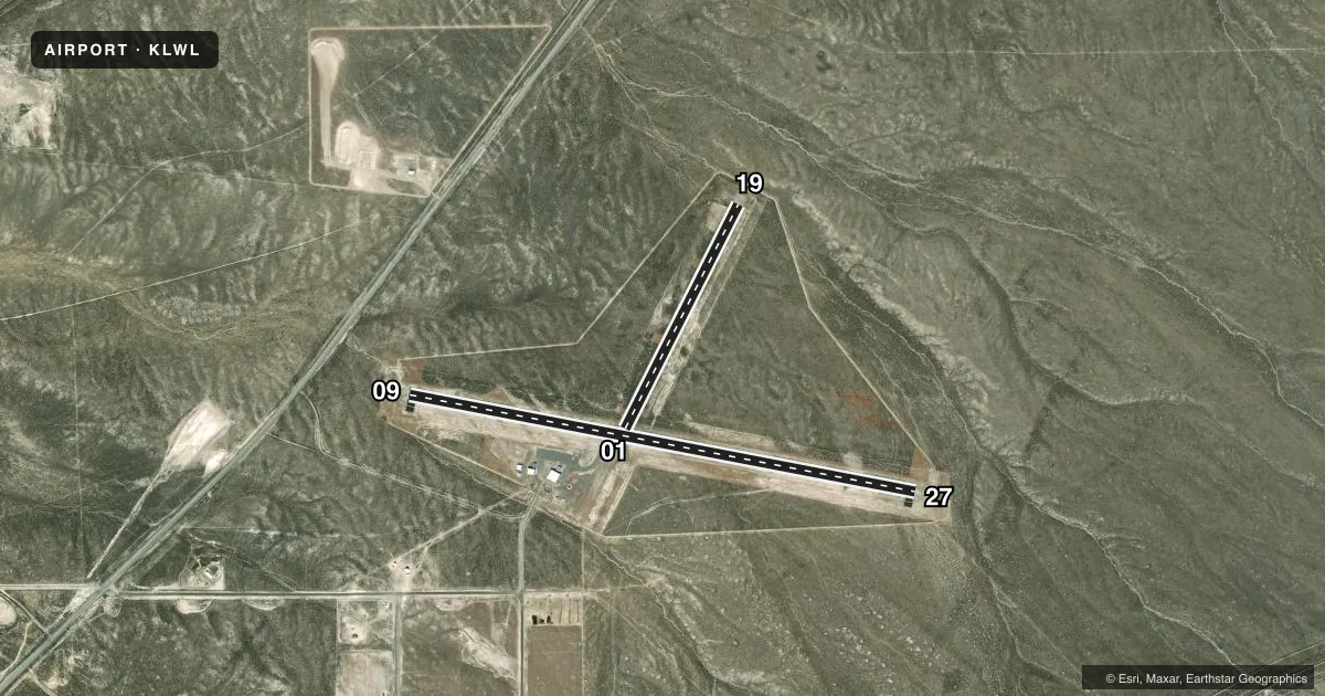 Top-down satellite sketch of KLWL WELLS MUNI/HARRIET FLD in WELLS, NEVADA, showing runways 09/27, 01/19 drawn to scale over Esri World Imagery