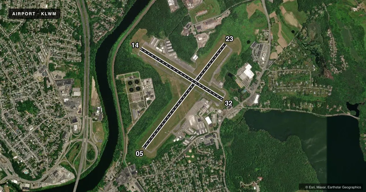 Top-down satellite sketch of KLWM LAWRENCE MUNI in LAWRENCE, MASSACHUSETTS, showing runways 05/23, 14/32 drawn to scale over Esri World Imagery