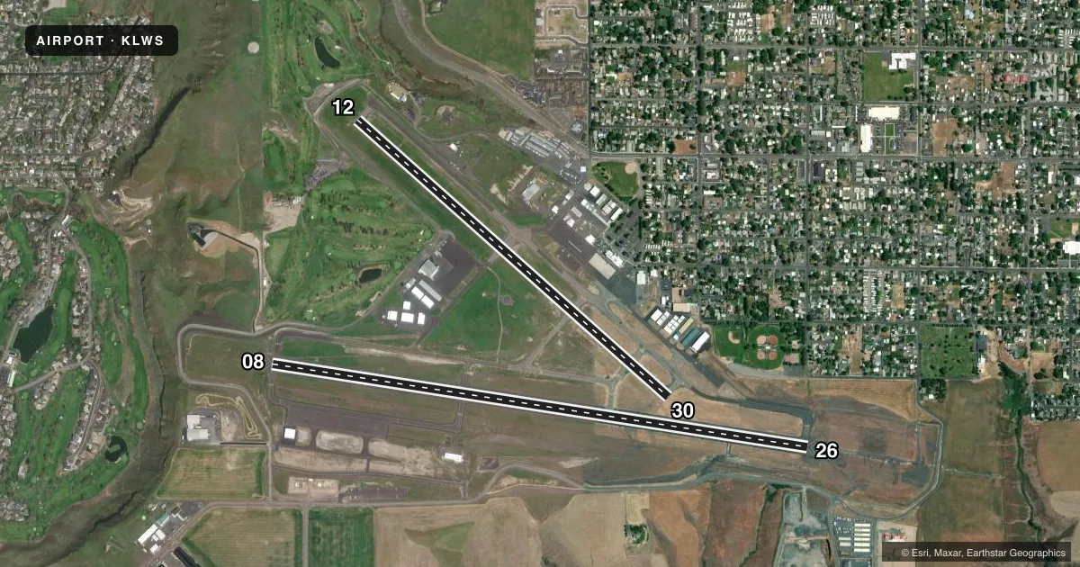 Top-down satellite sketch of KLWS LEWISTON/NEZ PERCE COUNTY in LEWISTON, IDAHO, showing runways 08/26, 12/30 drawn to scale over Esri World Imagery