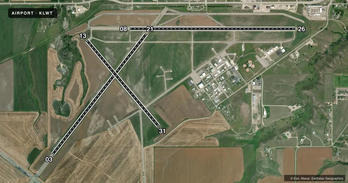 Top-down satellite sketch of KLWT LEWISTOWN MUNI in LEWISTOWN, MONTANA, showing runways 08/26, 03/21, 13/31 drawn to scale over Esri World Imagery