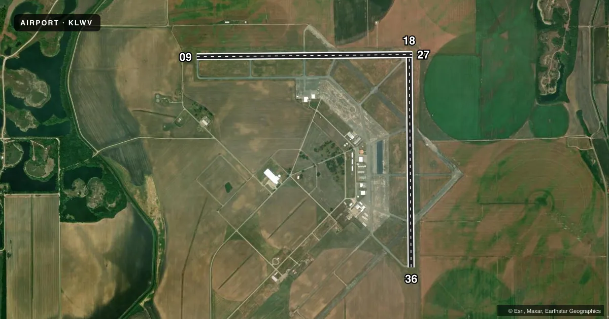 Top-down satellite sketch of KLWV LAWRENCEVILLE-VINCENNES INTL in LAWRENCEVILLE, ILLINOIS, showing runways 18/36, 09/27 drawn to scale over Esri World Imagery